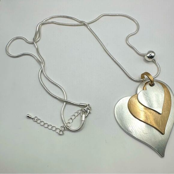 Oversized Silver Tone Heart Pendant Necklace layered Snake Chain Modern Retro - Picture 6 of 9
